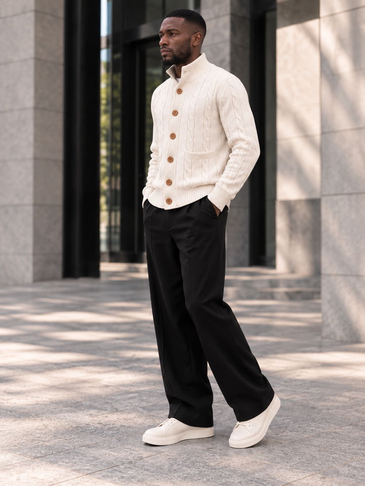 Cardigan Homme Maille Torsadée Boutonné Avec Petit Col Montant