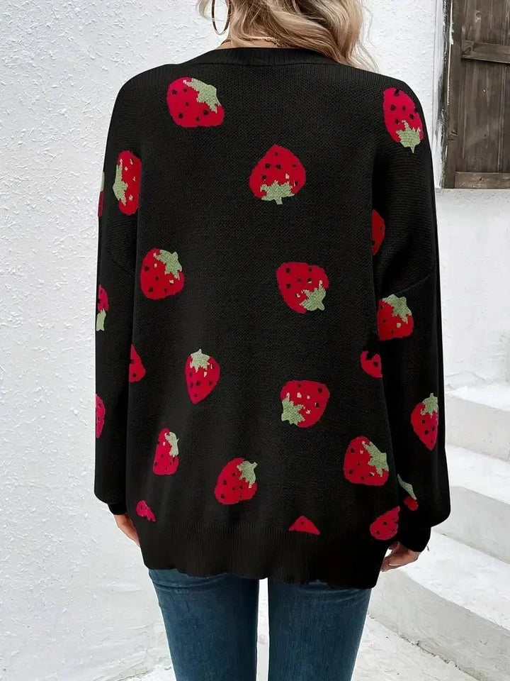 Cardigan Femme Maille Oversize Avec Motif Fraises