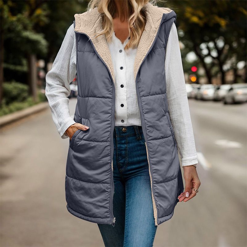 Gilet Matelassé Femme Long à Capuche Doublure Sherpa