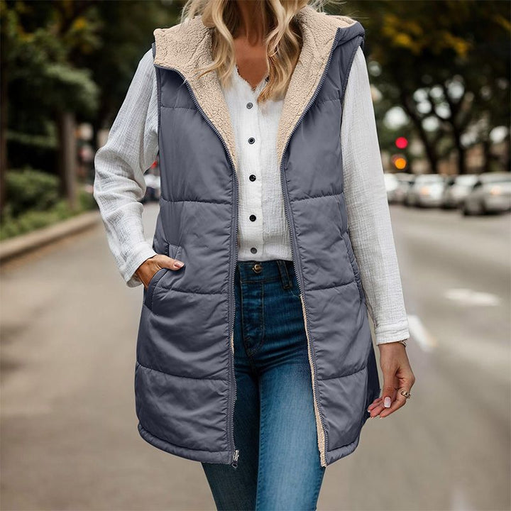 Gilet Matelassé Femme Long à Capuche Doublure Sherpa