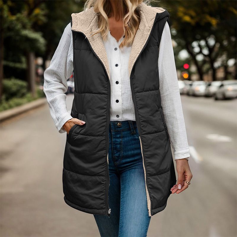 Gilet Matelassé Femme Long à Capuche Doublure Sherpa