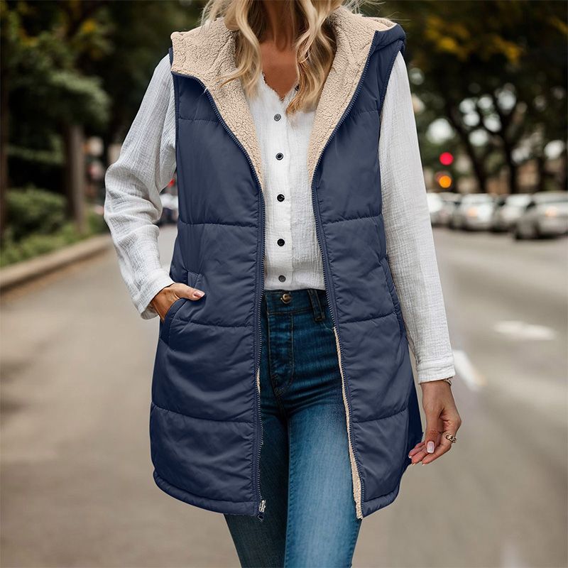 Gilet Matelassé Femme Long à Capuche Doublure Sherpa
