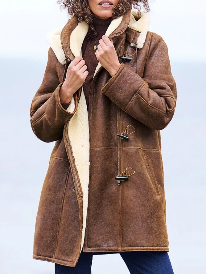 Manteau Femme Long À Fermeture Toggle Doublure Fausse Fourrure Et Capuche
