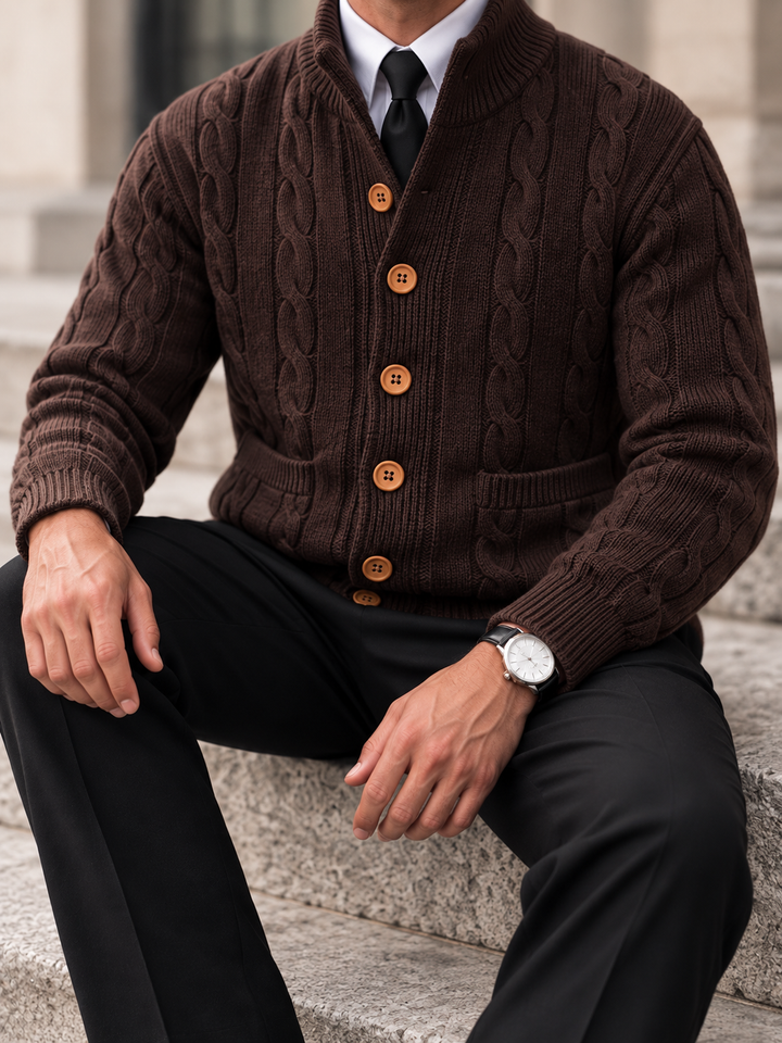 Cardigan Homme Maille Torsadée Boutonné Avec Petit Col Montant