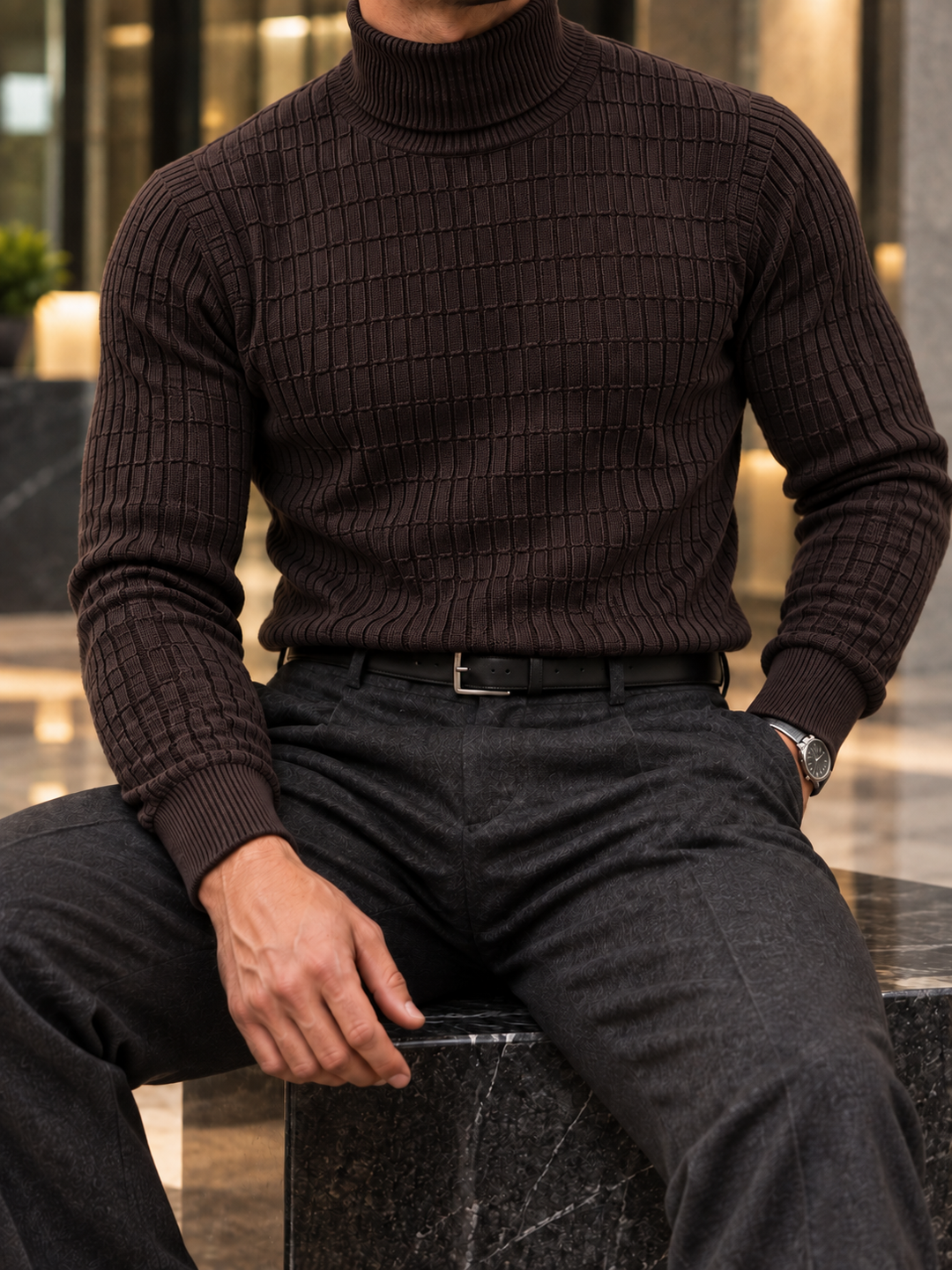 Pull Col Roulé Homme Côtes Verticales En Maille