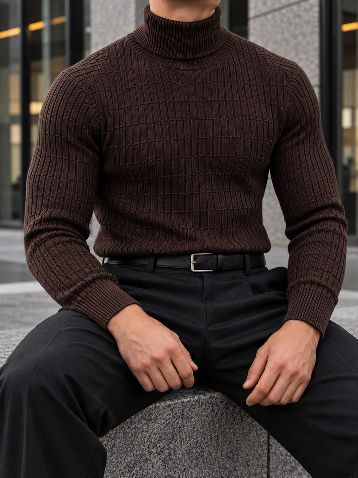 Pull Col Roulé Homme Côtes Verticales En Maille