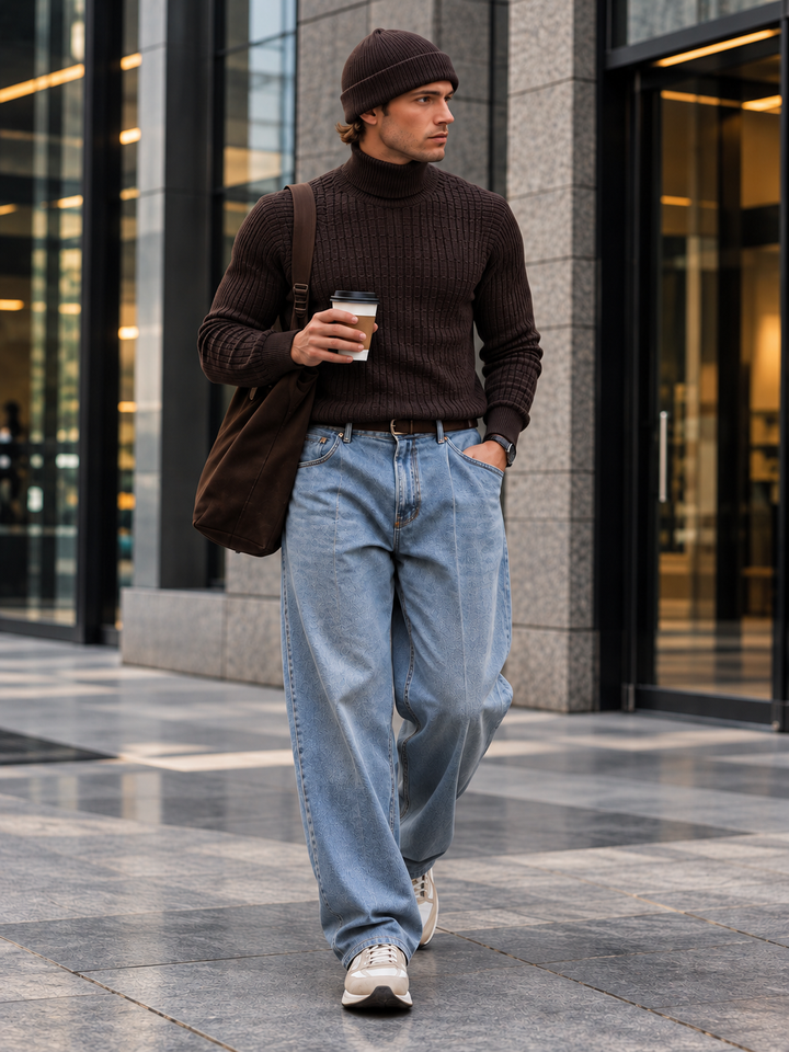 Pull Col Roulé Homme Côtes Verticales En Maille