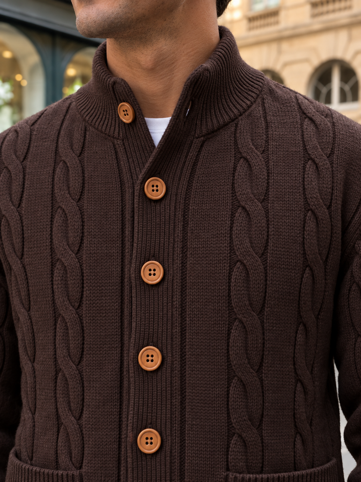 Cardigan Homme Maille Torsadée Boutonné Avec Petit Col Montant