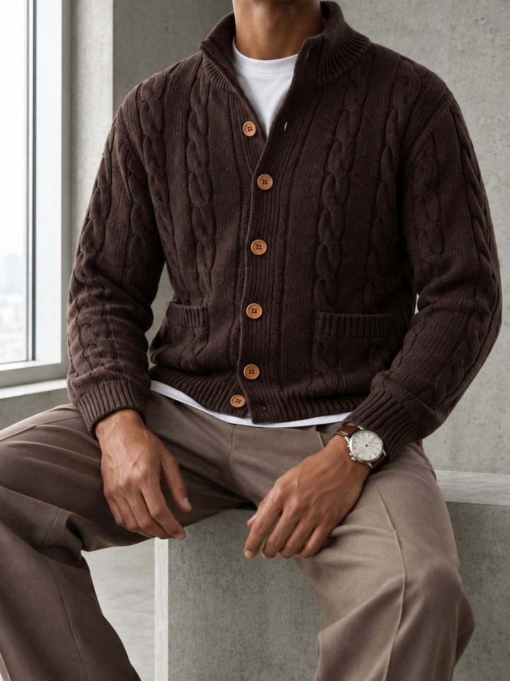Cardigan Homme Maille Torsadée Boutonné Avec Petit Col Montant