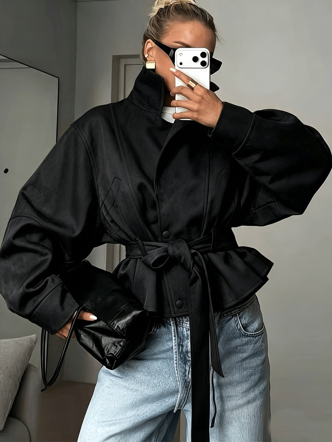 Veste Femme Ceinturée Col Revers Manches Longues