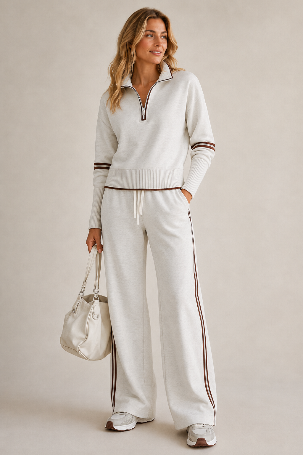 Ensemble Sweat à Demi Zip et Pantalon Large à Bandes Contrastantes pour Femme