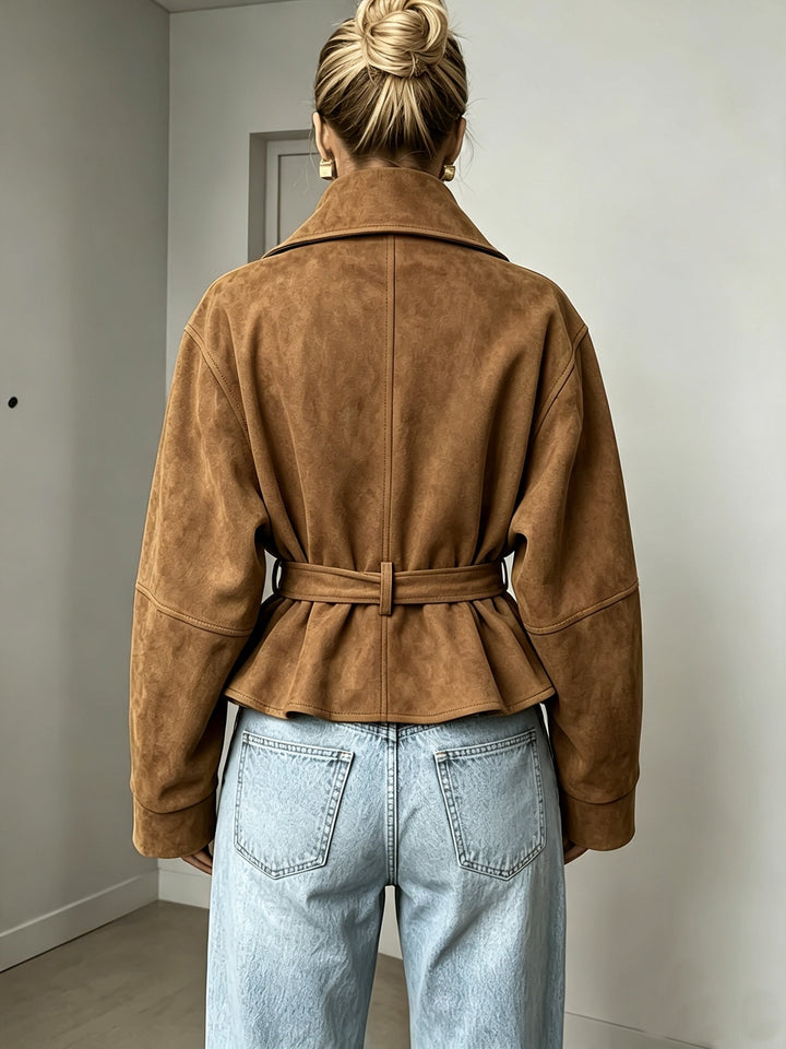 Veste Femme Col Montant Ceinturée En Daim Avec Manches Longues