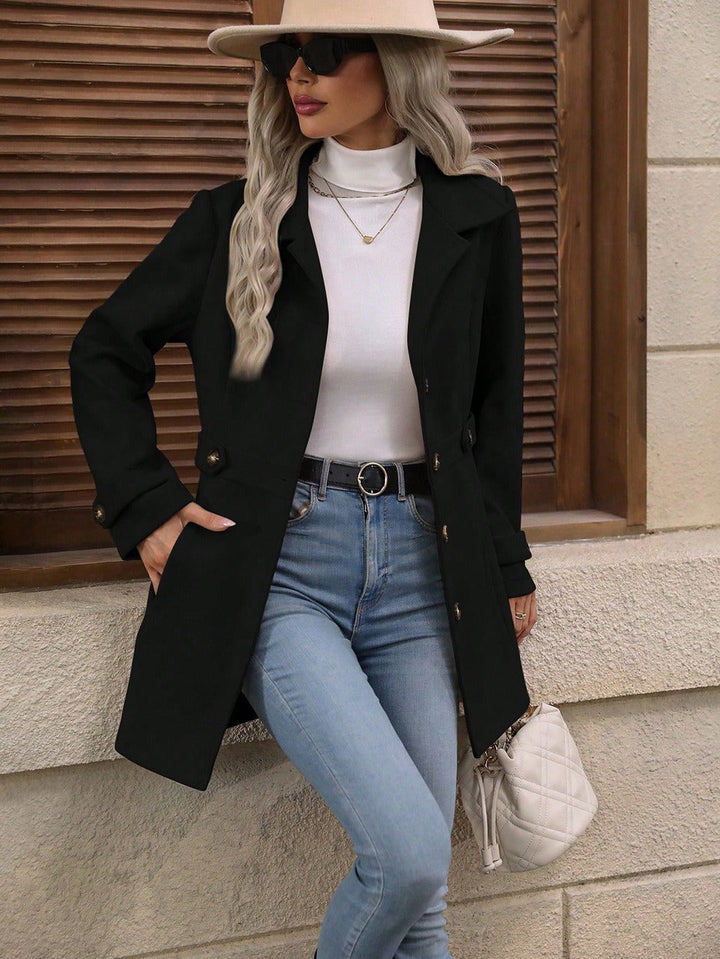 Manteau Femme Mi-Long en Mélange de Laine à Revers et Simple Boutonnage