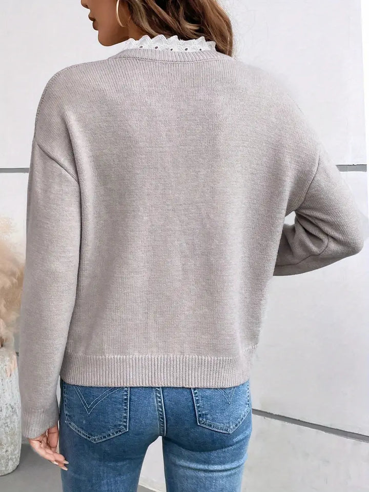 Pull Femme Col V avec Col Dentelle