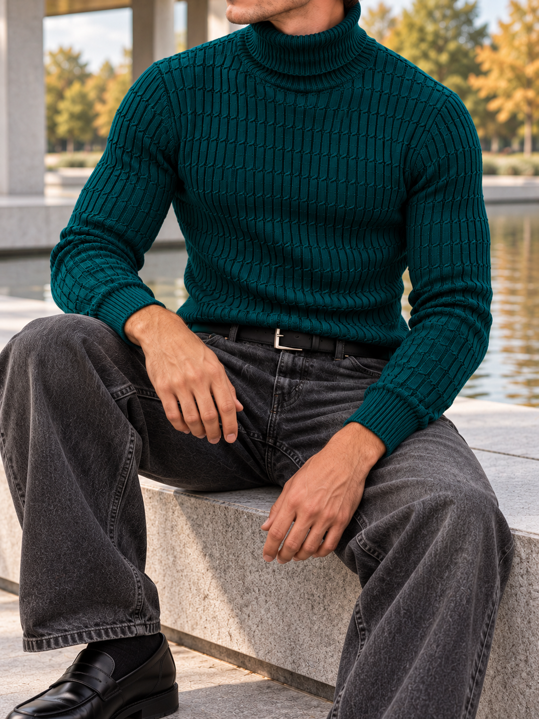 Pull Col Roulé Homme Côtes Verticales En Maille