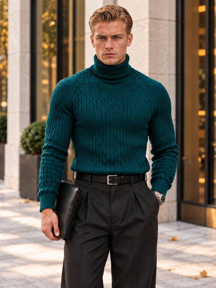 Pull Col Roulé Homme Côtes Verticales En Maille