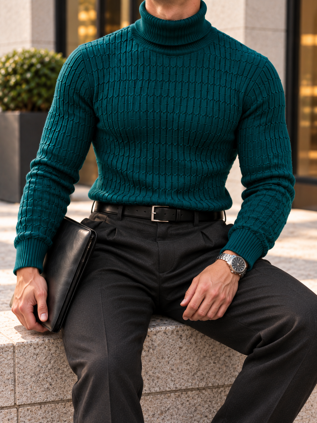Pull Col Roulé Homme Côtes Verticales En Maille