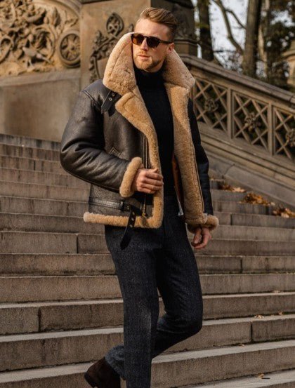Veste en Cuir Homme Col Fourrure