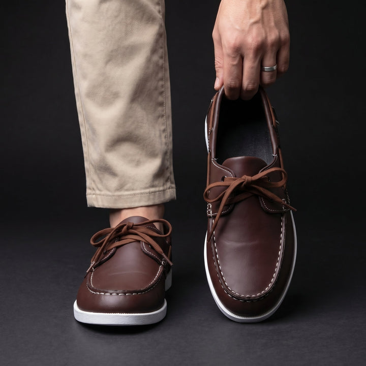 Chaussures Bateau Homme en Cuir Bicolore avec Lacets et Œillets Métalliques