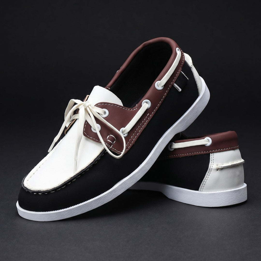 Chaussures Bateau Homme en Cuir Bicolore avec Lacets et Œillets Métalliques