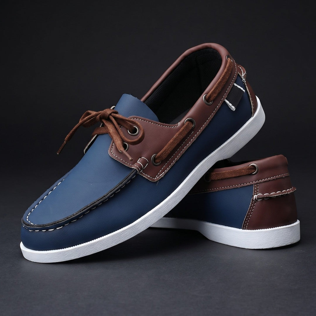 Chaussures Bateau Homme en Cuir Bicolore avec Lacets et Œillets Métalliques