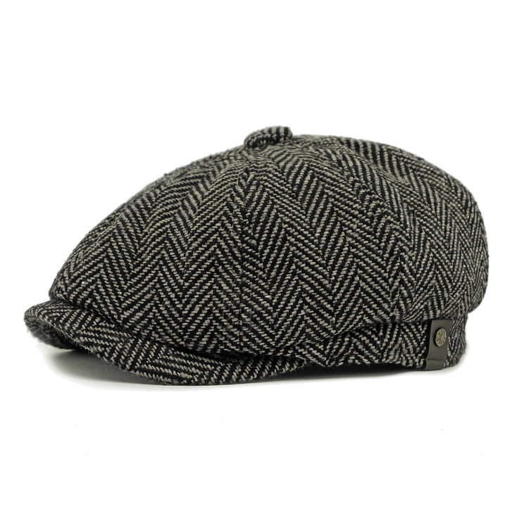 Casquette Newsboy Homme en Tweed Motif Chevrons avec Bouton et Visière Courte