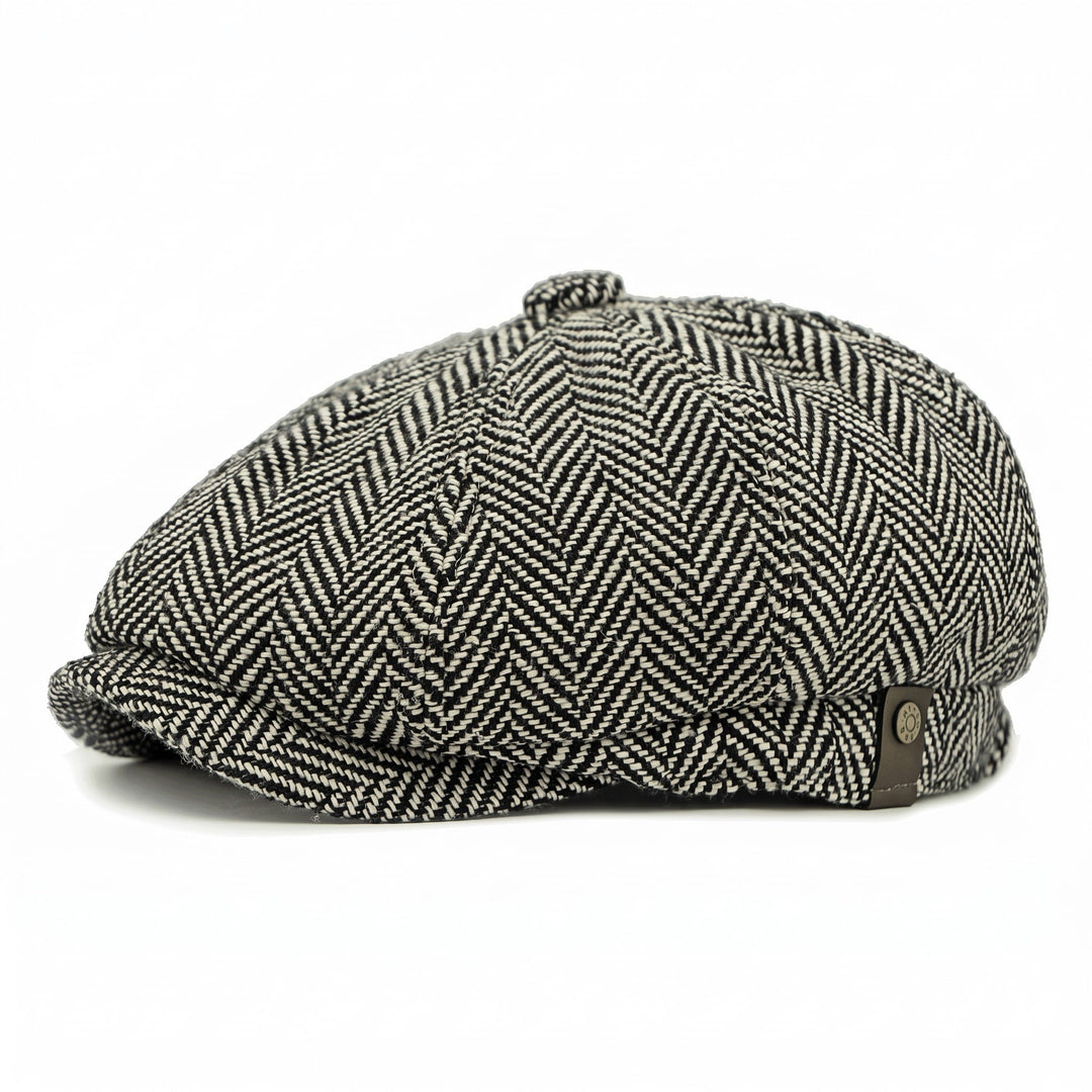 Casquette Newsboy Homme en Tweed Motif Chevrons avec Bouton et Visière Courte