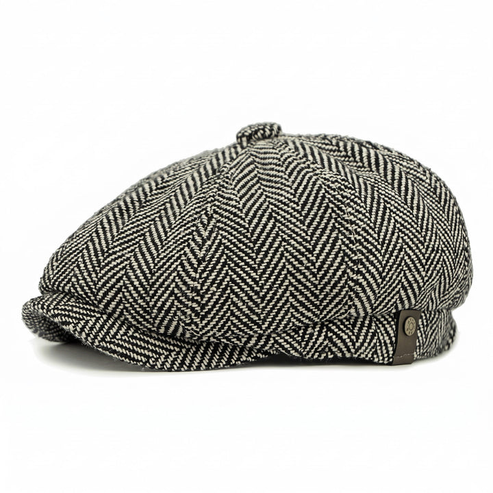 Casquette Newsboy Homme en Tweed Motif Chevrons avec Bouton et Visière Courte
