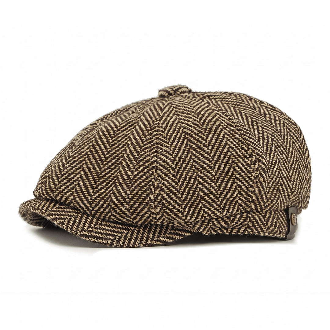 Casquette Newsboy Homme en Tweed Motif Chevrons avec Bouton et Visière Courte