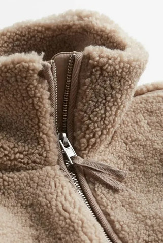 Manteau Teddy Femme Zippé Col Montant Poches Plaquées