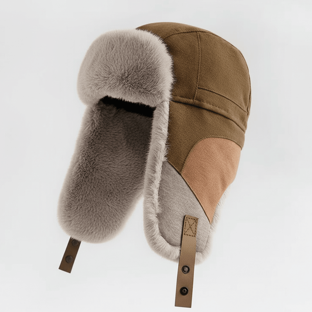 Chapeau Trappeur Homme Doublé Fausse Fourrure avec Oreillettes et Sangles en Cuir