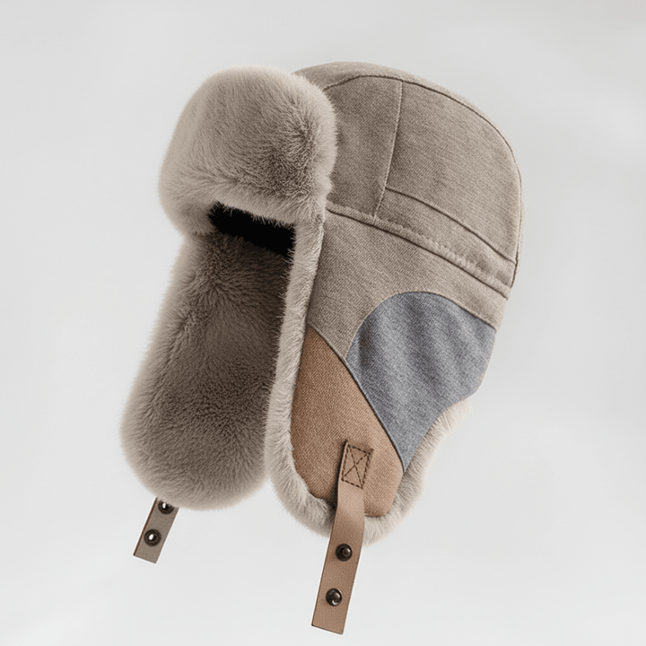 Chapeau Trappeur Homme Doublé Fausse Fourrure avec Oreillettes et Sangles en Cuir