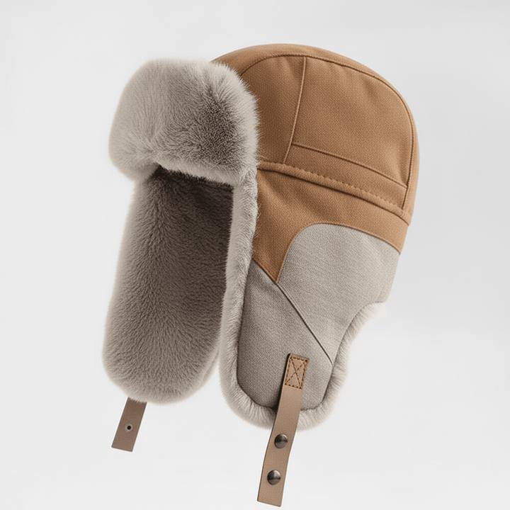 Chapeau Trappeur Homme Doublé Fausse Fourrure avec Oreillettes et Sangles en Cuir