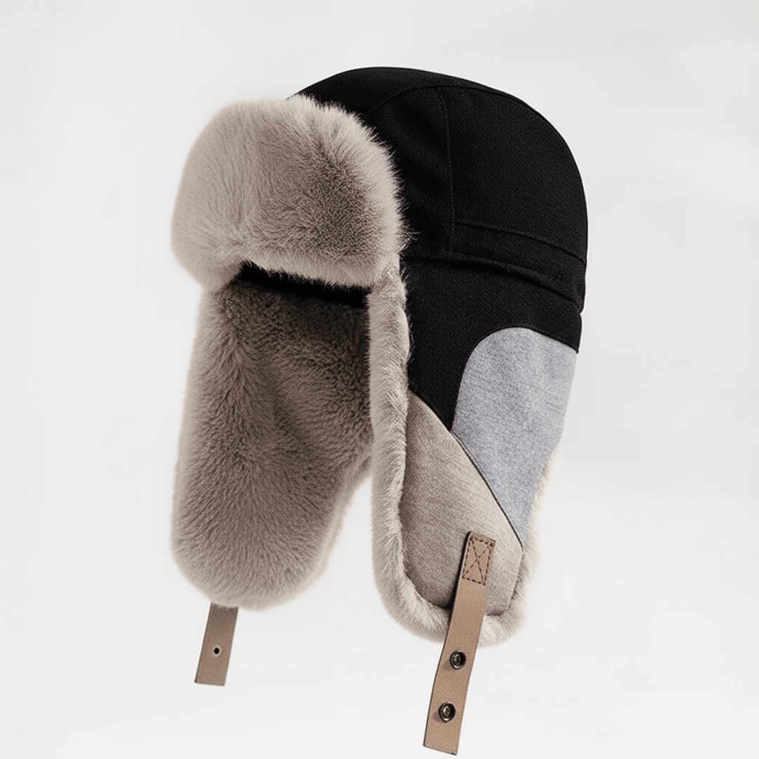 Chapeau Trappeur Homme Doublé Fausse Fourrure avec Oreillettes et Sangles en Cuir