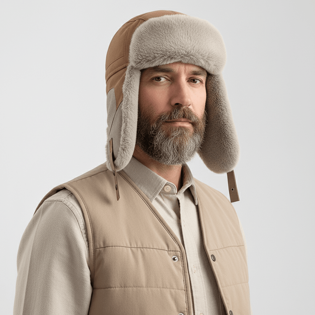 Chapeau Trappeur Homme Doublé Fausse Fourrure avec Oreillettes et Sangles en Cuir