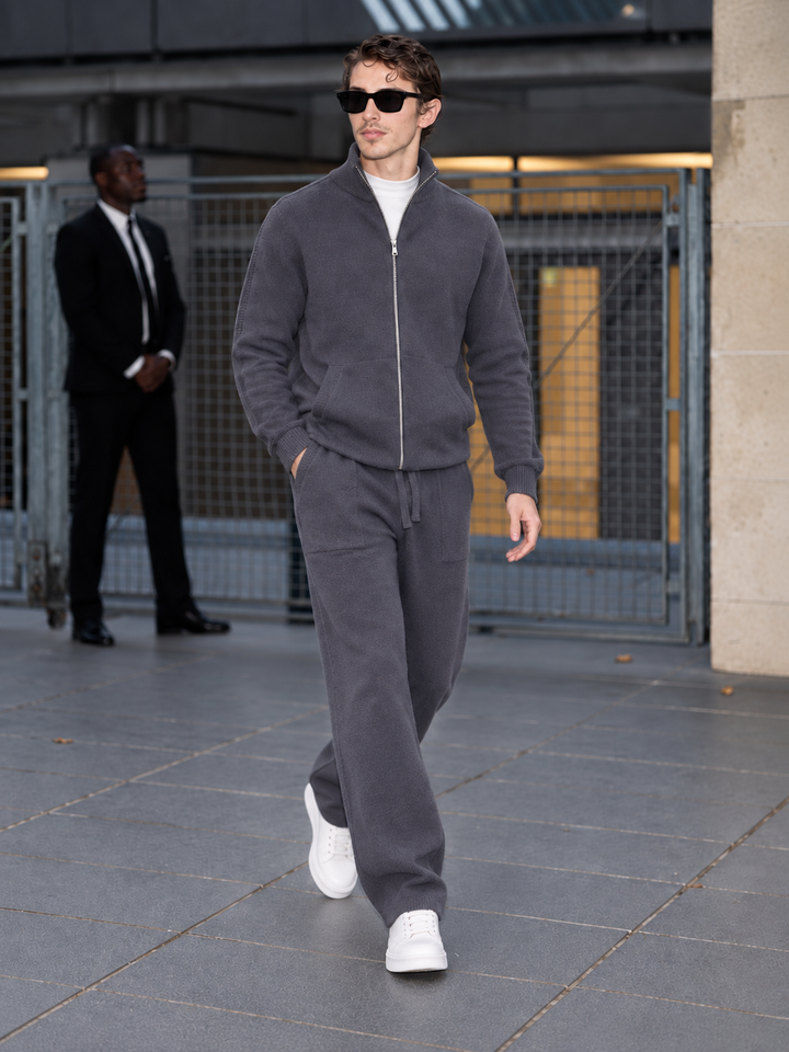 Ensemble En Maille Homme Col Montant Zippé Et Pantalon Droit