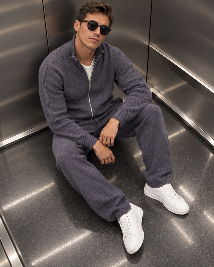 Ensemble En Maille Homme Col Montant Zippé Et Pantalon Droit