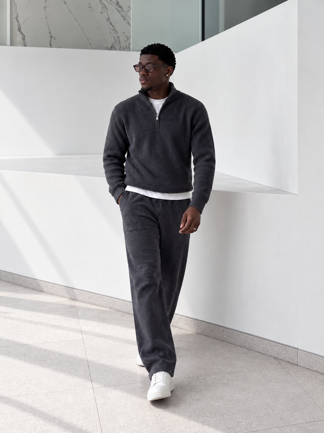 Ensemble En Maille Homme Demi Zip Col Montant Et Pantalon