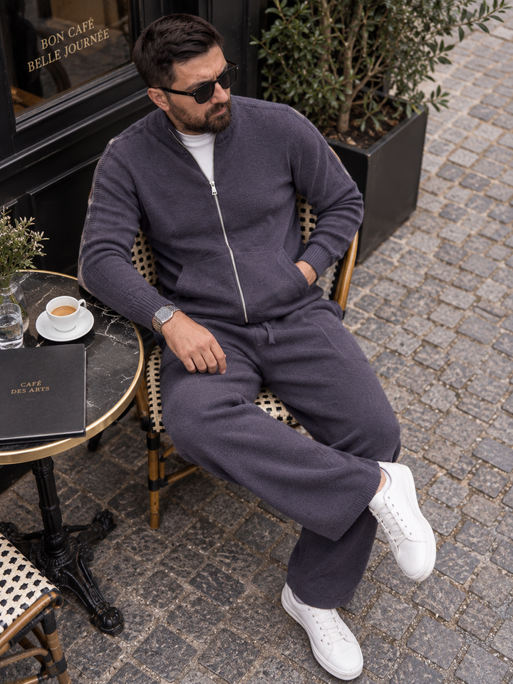 Ensemble En Maille Homme Col Montant Zippé Et Pantalon Droit