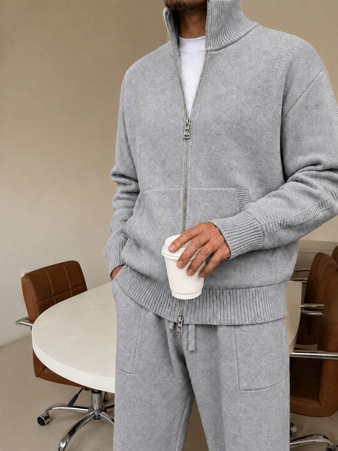 Ensemble En Maille Homme Col Montant Zippé Et Pantalon Droit