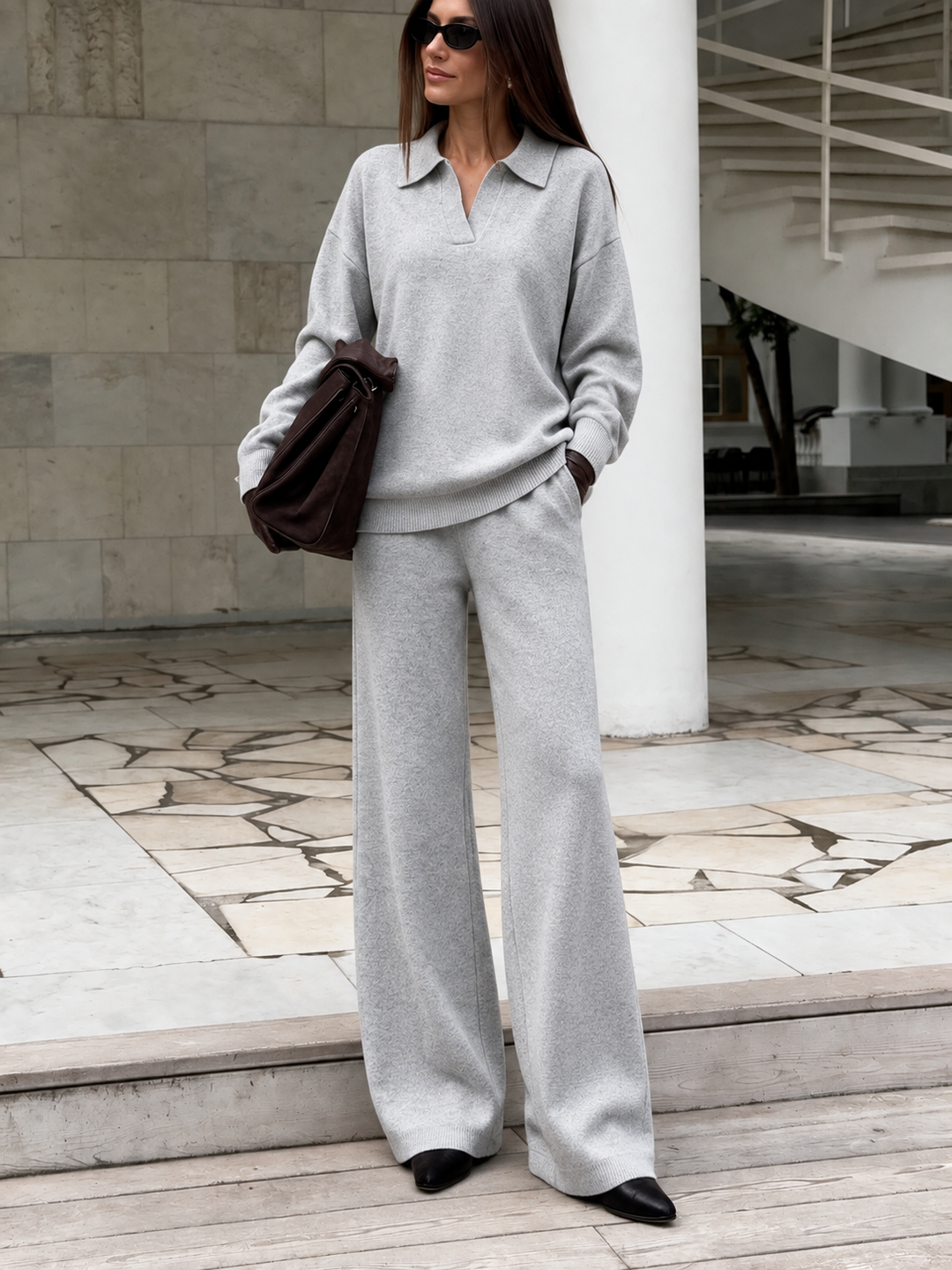 Ensemble En Maille Femme Col Polo Et Pantalon Assorti