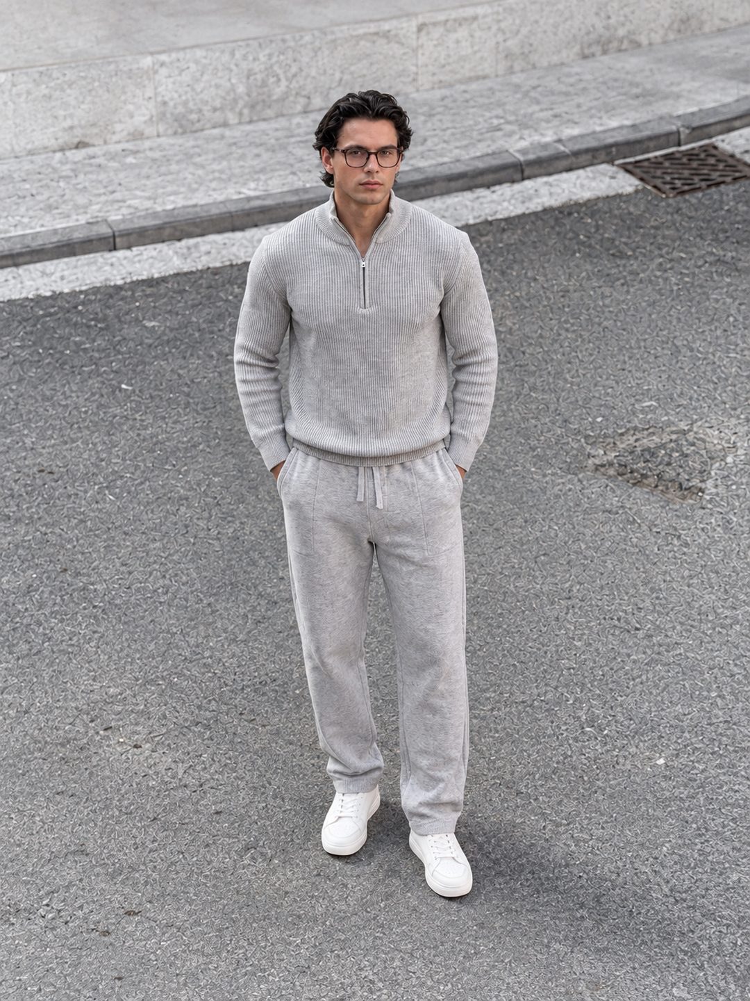 Ensemble En Maille Homme Demi Zip Col Montant Et Pantalon