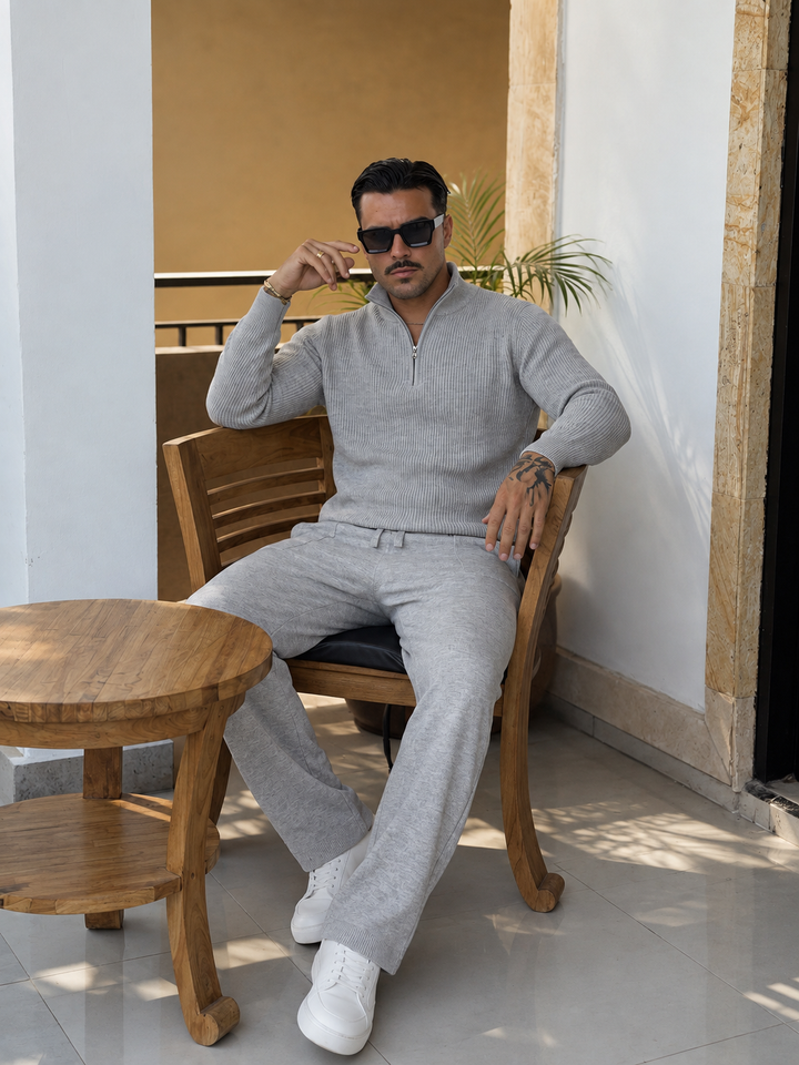 Ensemble En Maille Homme Demi Zip Col Montant Et Pantalon