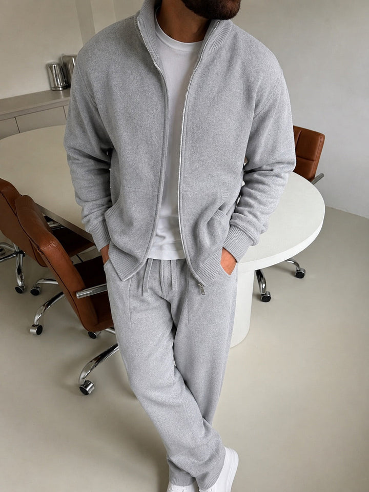 Ensemble En Maille Homme Col Montant Zippé Et Pantalon Droit