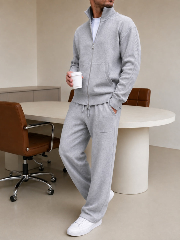 Ensemble En Maille Homme Col Montant Zippé Et Pantalon Droit