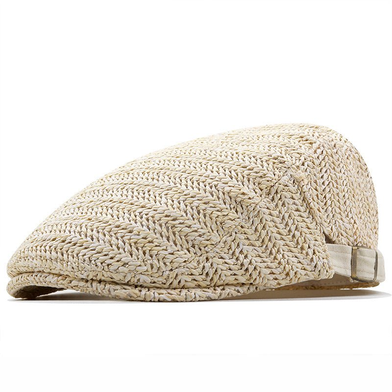 Casquette Plate Homme en Paille Tressée avec Sangle en Cuir Ajustable
