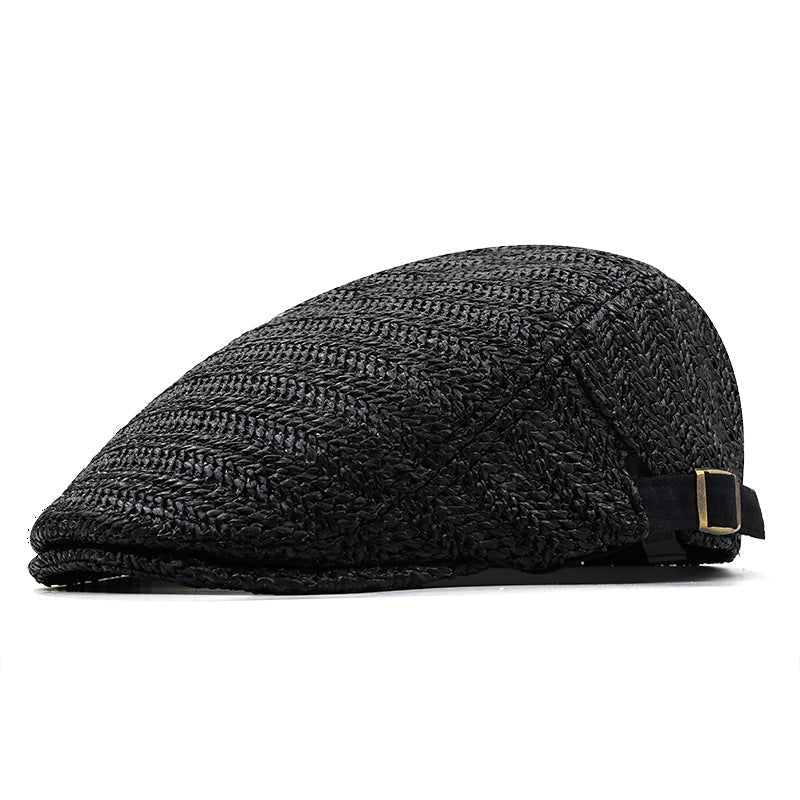 Casquette Plate Homme en Paille Tressée avec Sangle en Cuir Ajustable