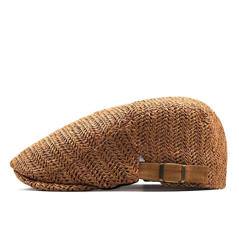 Casquette Plate Homme en Paille Tressée avec Sangle en Cuir Ajustable