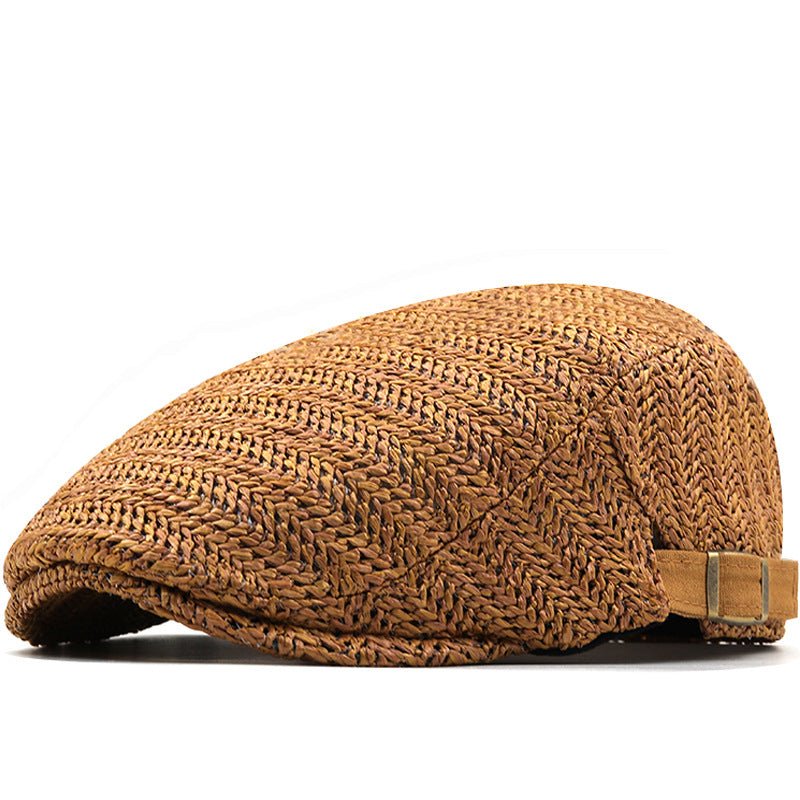 Casquette Plate Homme en Paille Tressée avec Sangle en Cuir Ajustable