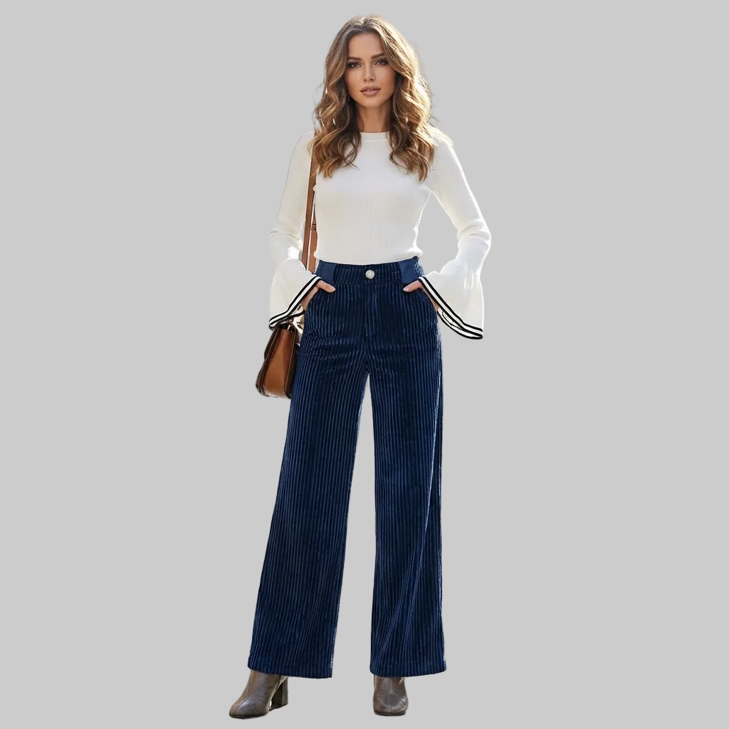 Pantalon Femme en Velours Côtelé Taille Haute Coupe Large